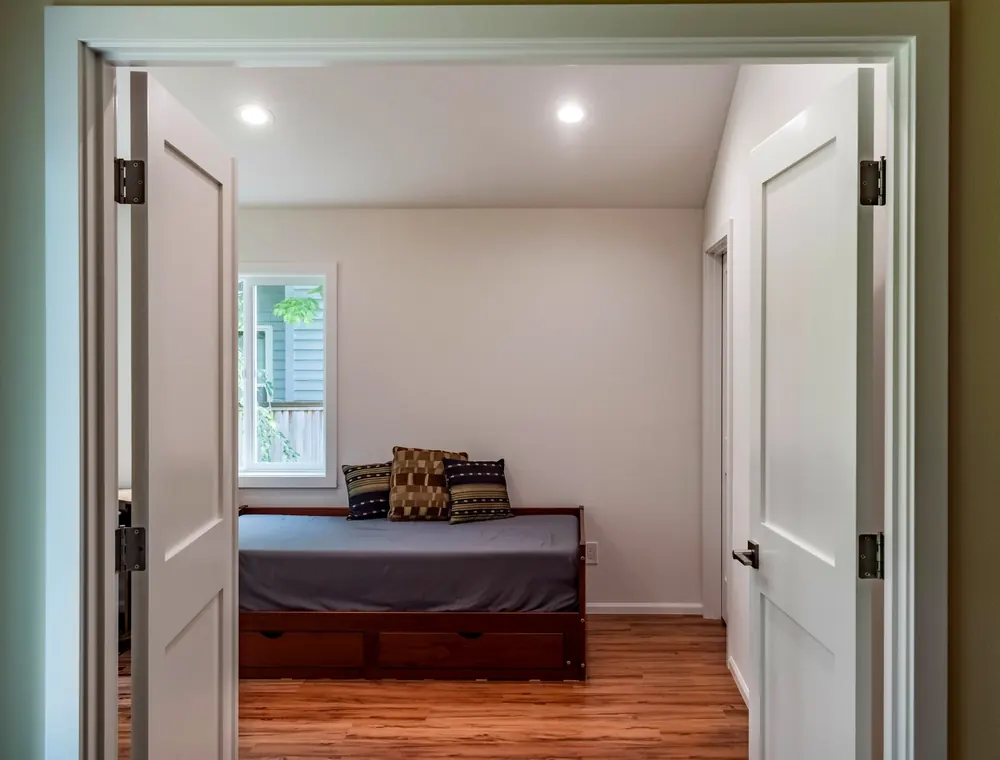 View through a doorway into the bedroom