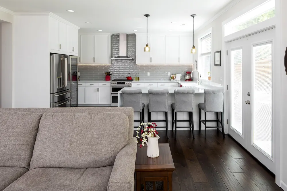 Open kitchen and living room with island seating