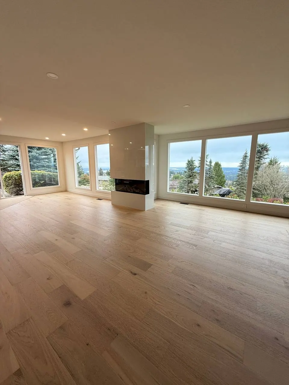 Open room with wide-plank floors and windows on three sides