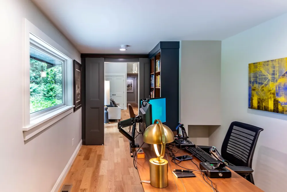 Home office desk with a view into the hall
