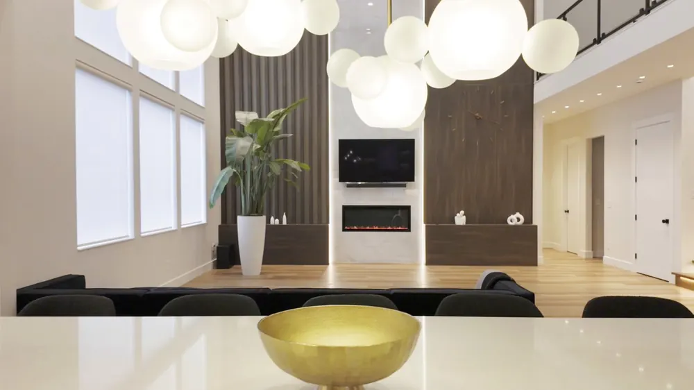 Wide view of the open living room