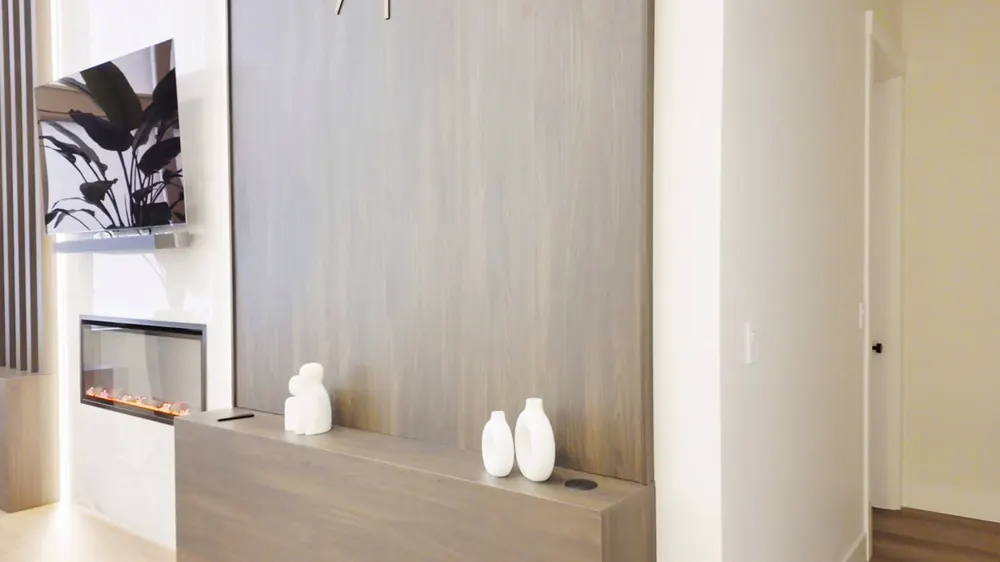 Fireplace feature wall with wood slats