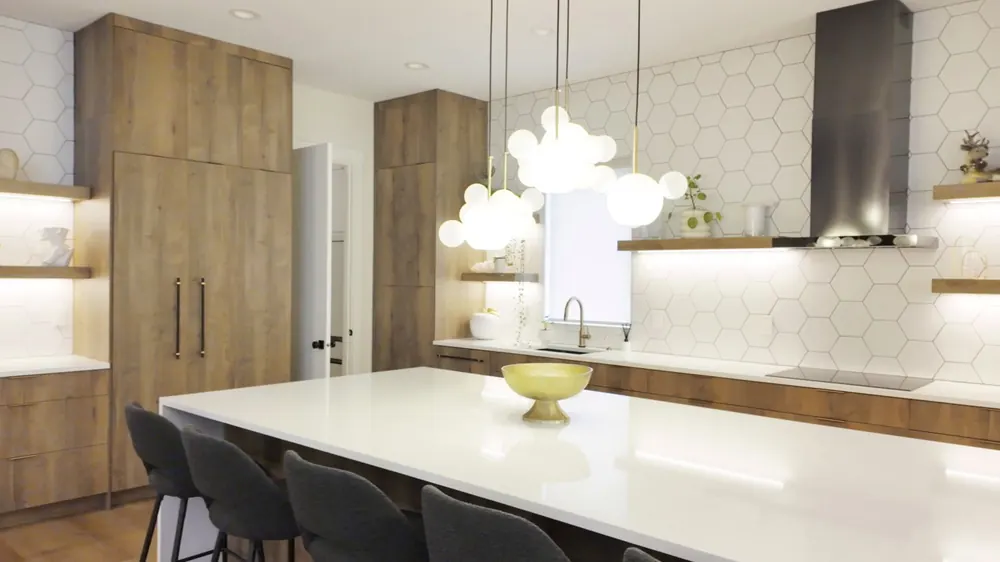 Kitchen island and tall wood cabinets
