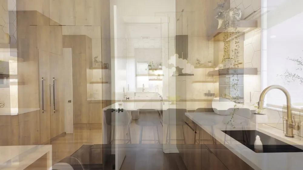 Kitchen seen through a glass panel