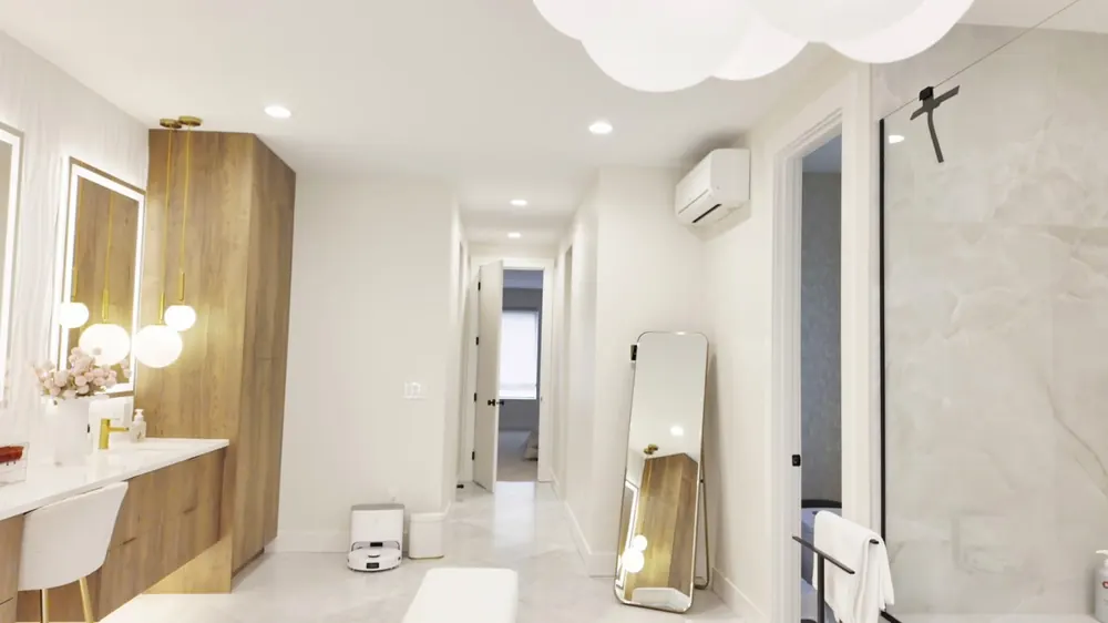 Bathroom vanity with a view to the hall